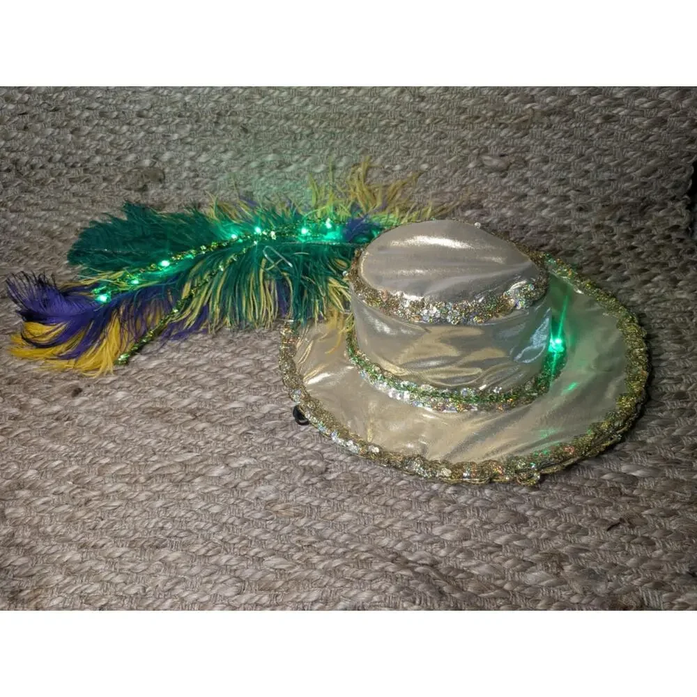 Adult Green Light Up Mardi Gras Gold Top Hat Feathers Halloween Costume Unisex